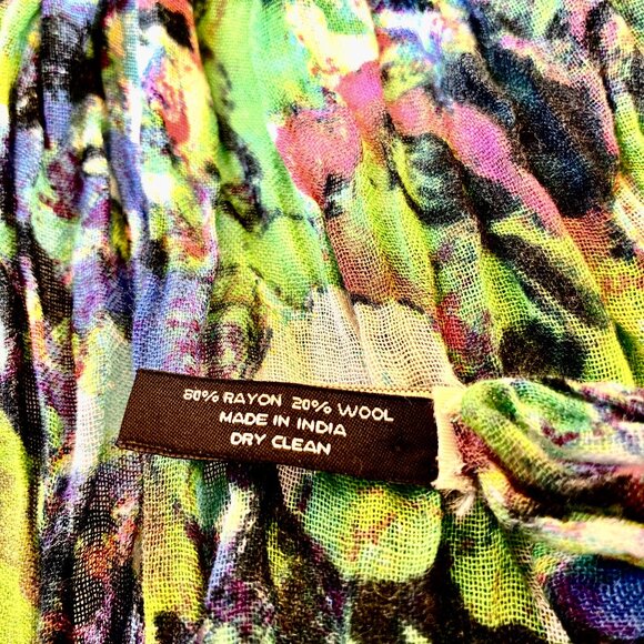 Ann Taylor Oblong Scarf Multi-Color Raw Fringe Rayon + Wool Watercolor 72" - Picture 11 of 15